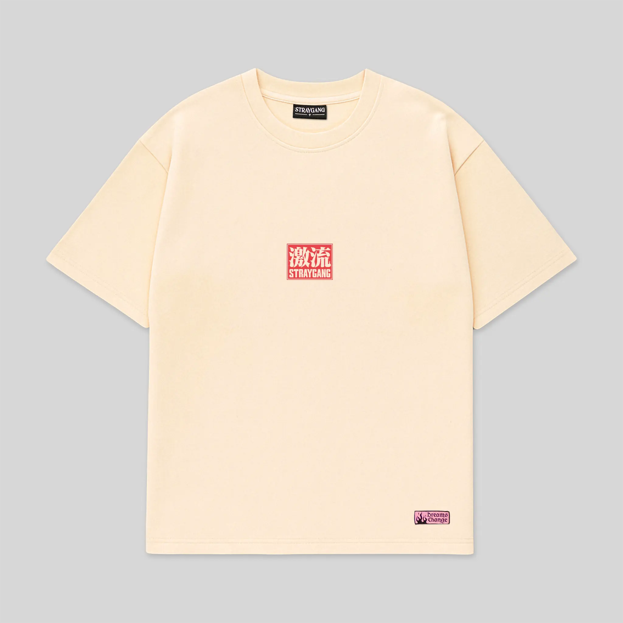 Flat image of the front of our cream supernova t-shirt, displaying a small screen print featuring both Japanese text and English.