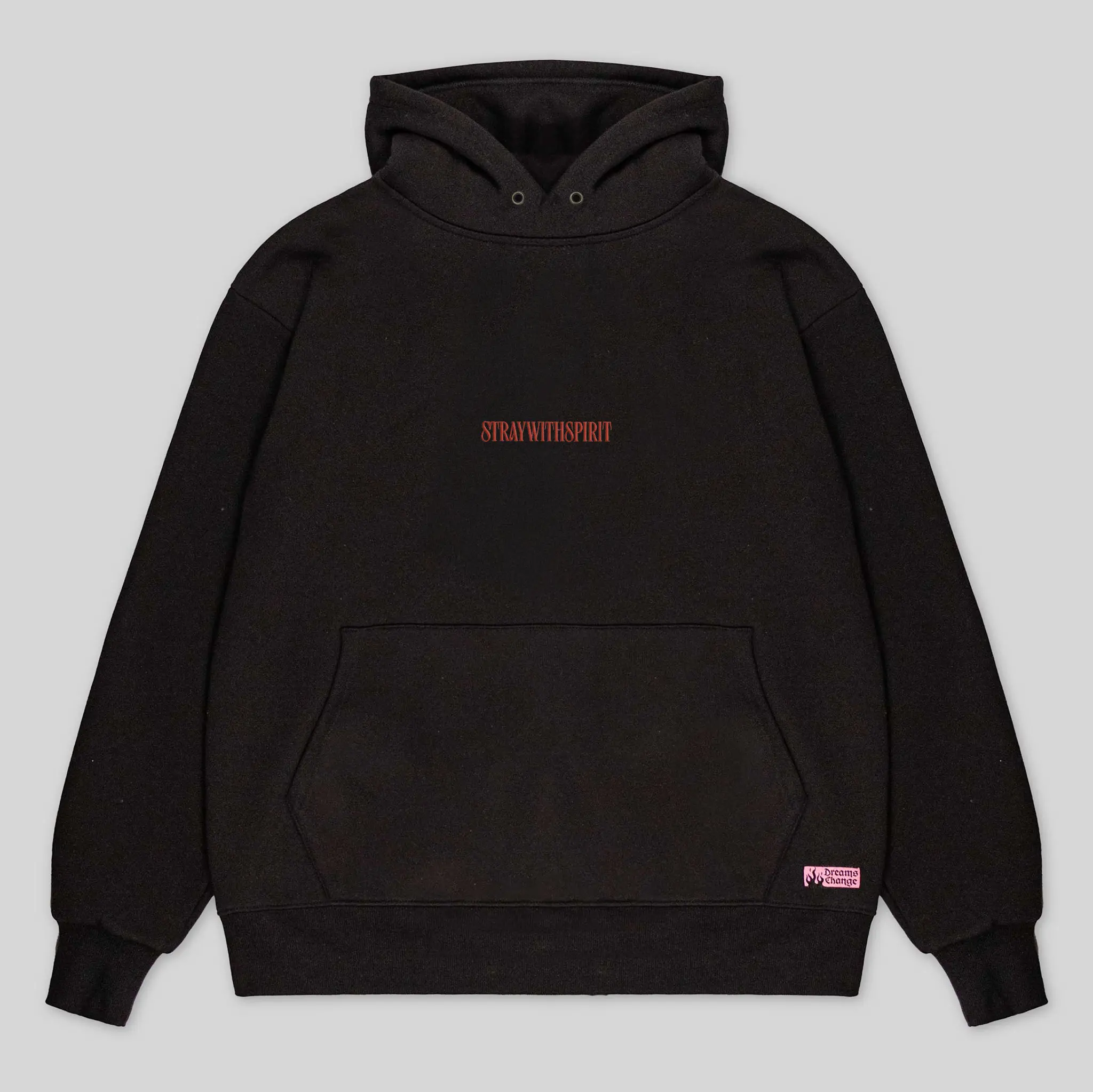 Flat image of the front of a black hoodie featuring a minimalistic embroidered design reading "stray with spirit".