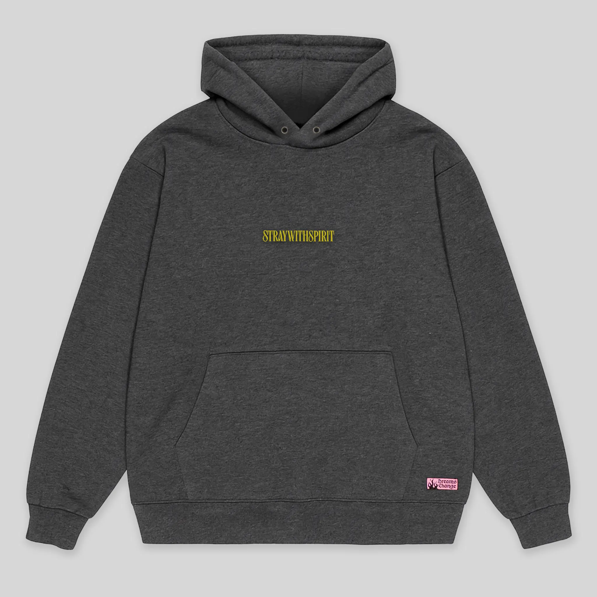 Flat image of the front of a grey marle colored skateboarding hoodie. The design includes high-quality embroidery and a custom woven patch, showing our attention to detail and quality.