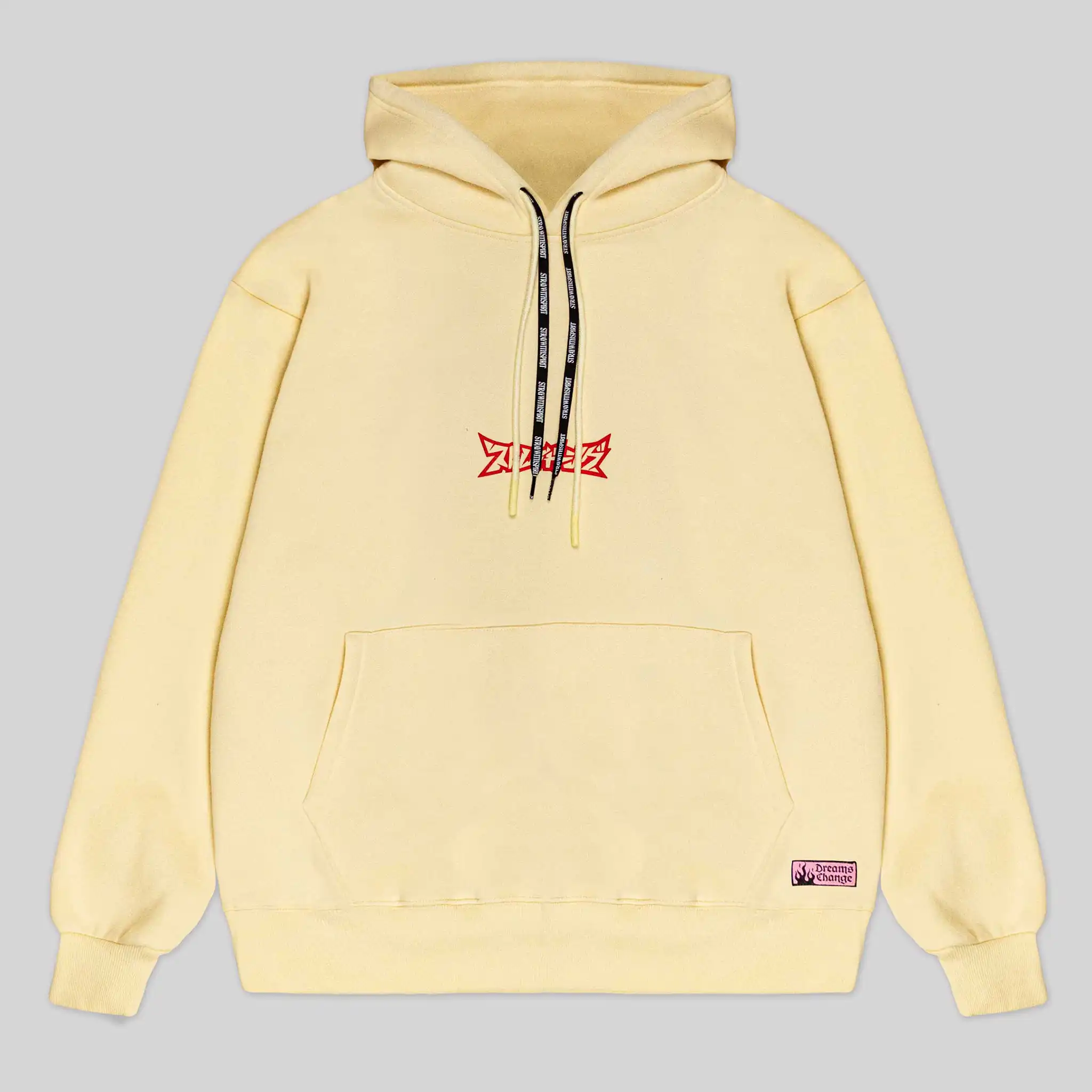 Straygang Spirit Hoodie in cream, front view, featuring small chest logo in Japanese Katakana reading ストレイガーング (Straygang).
