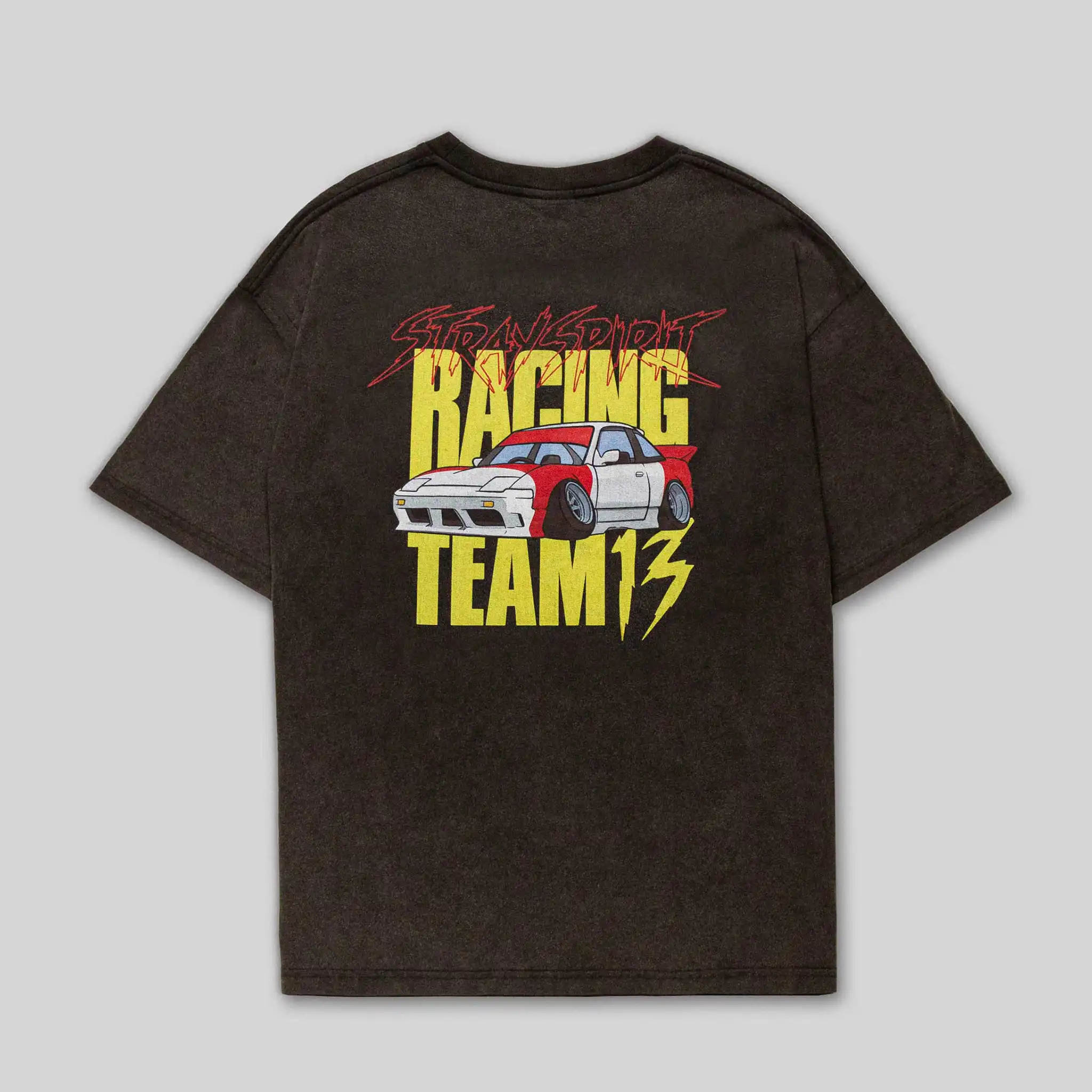 Straygang Racing Tee in black wash, flat back view, showcasing a Nissan silvia 180sx drift car illustration and “Racing Team 13” graphic.