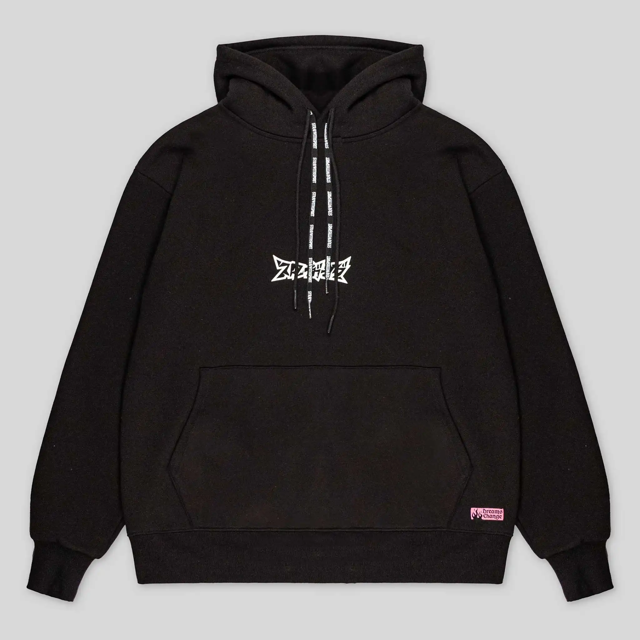 Straygang Spirit Hoodie in black, front view, featuring chest logo print, and woven patch.