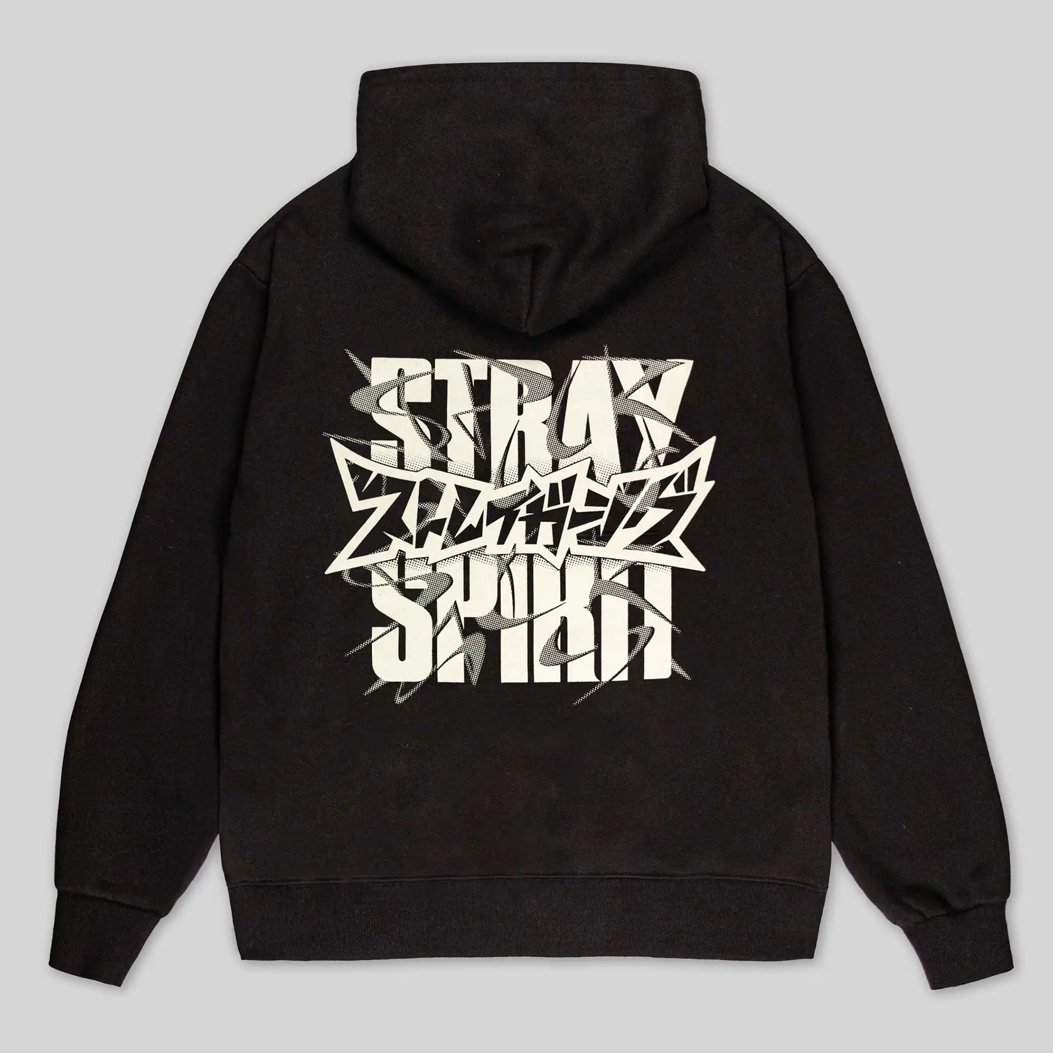 Straygang Spirit Hoodie in black, back view, showcasing bold oversized white graphic print with Japanese Katakana and English lettering.