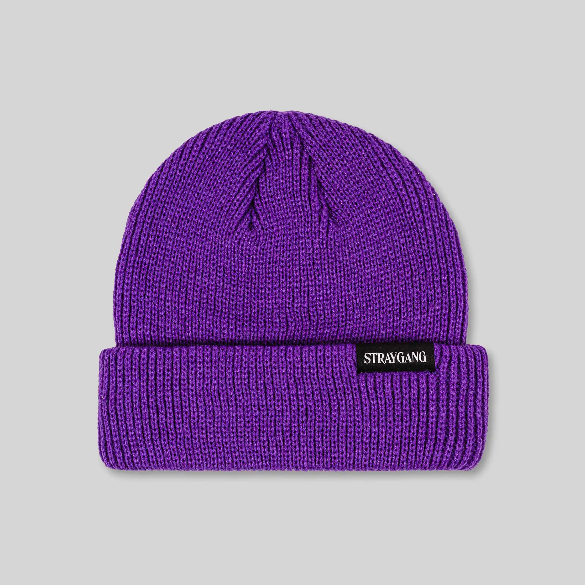 Flat image of the back of Straygang's 'SWS' purple beanie. This shot shows the custom woven patch, displaying typography that says 'Straygang' in a striking serif font.