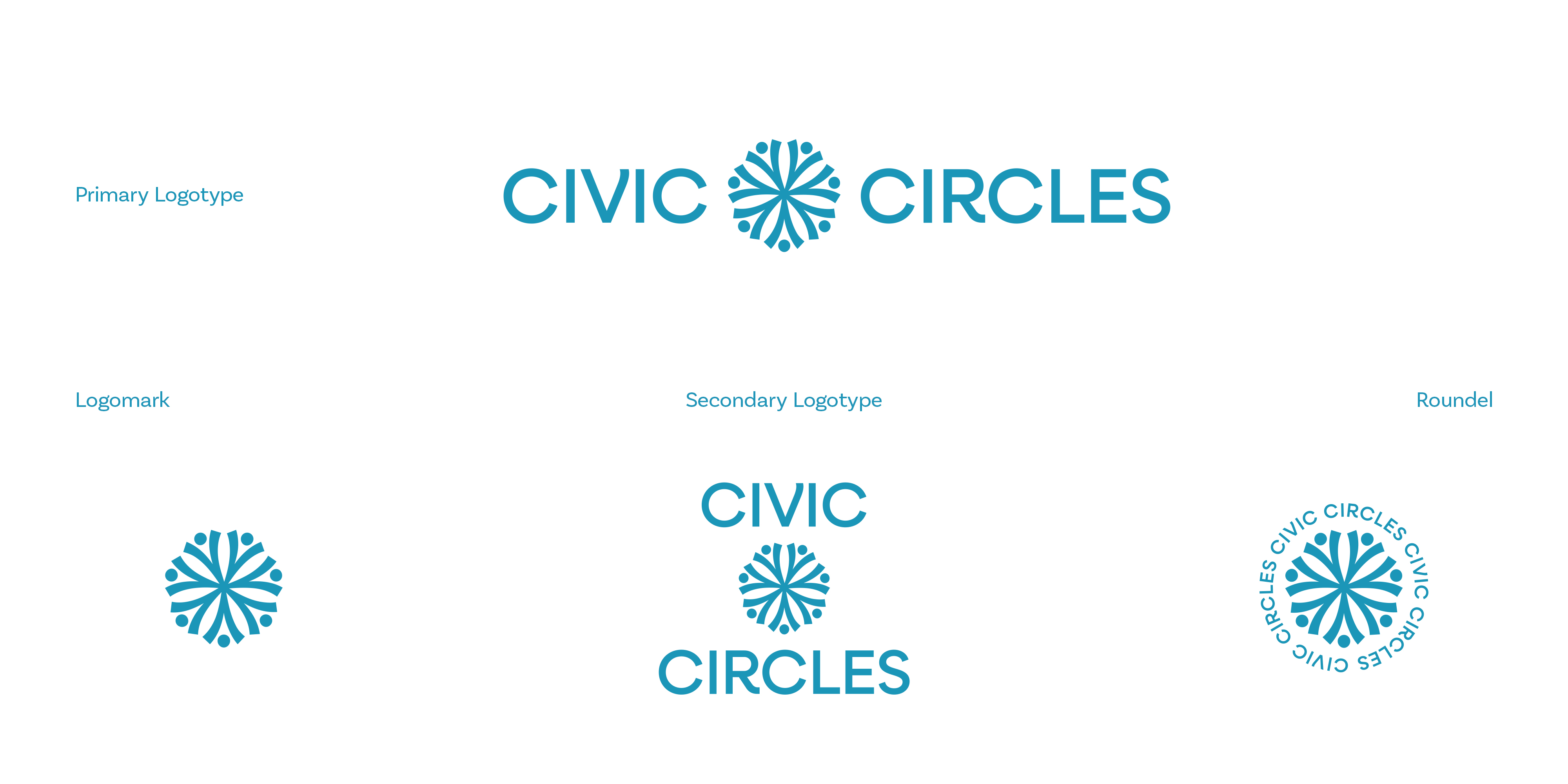 The logo suite for the Civic Circles logo variations showing just the isolated logomark, then the primary logotype, secondary stacked logotype, and lastly the roundel version. 