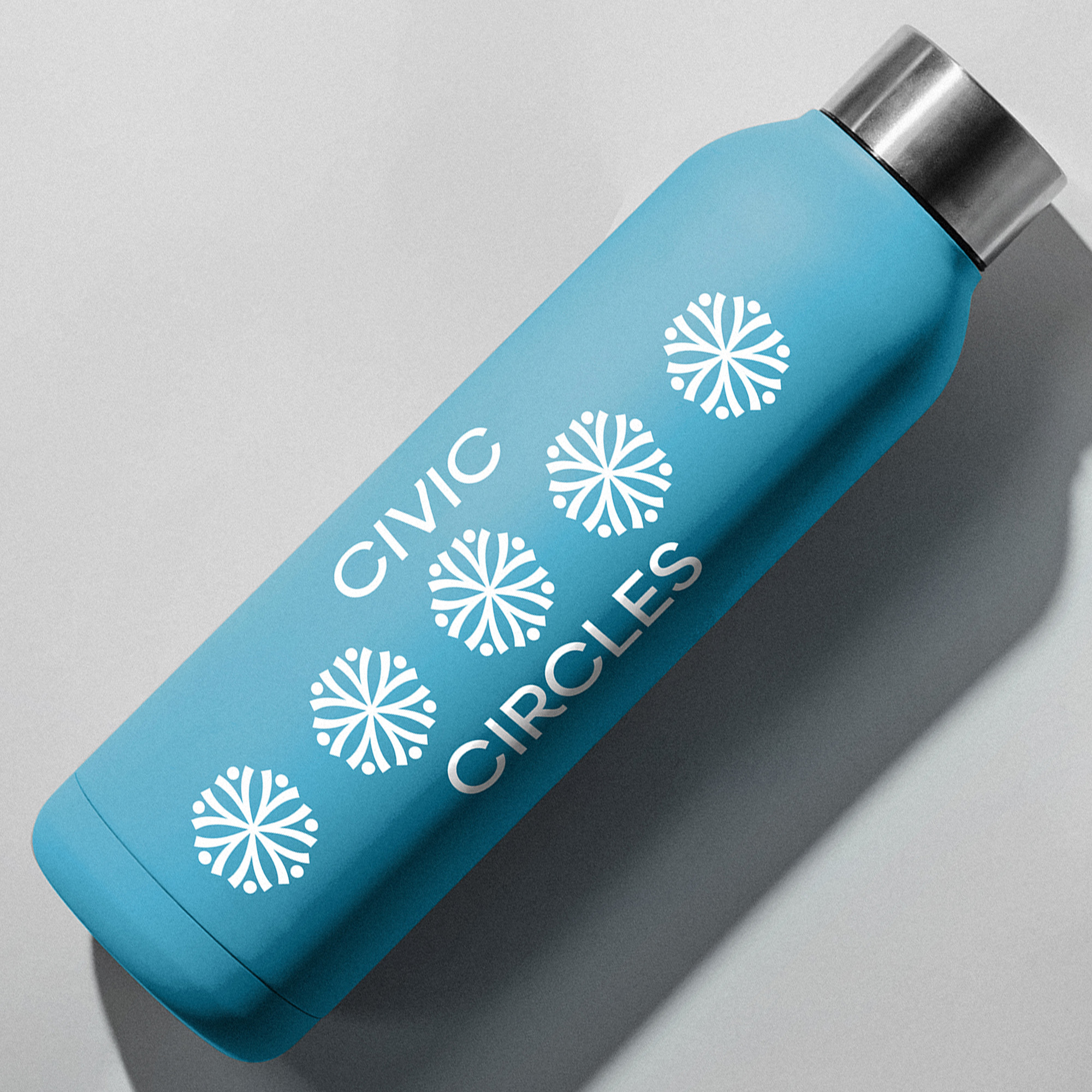 A branded cold, steel blue water bottle design mockup. 