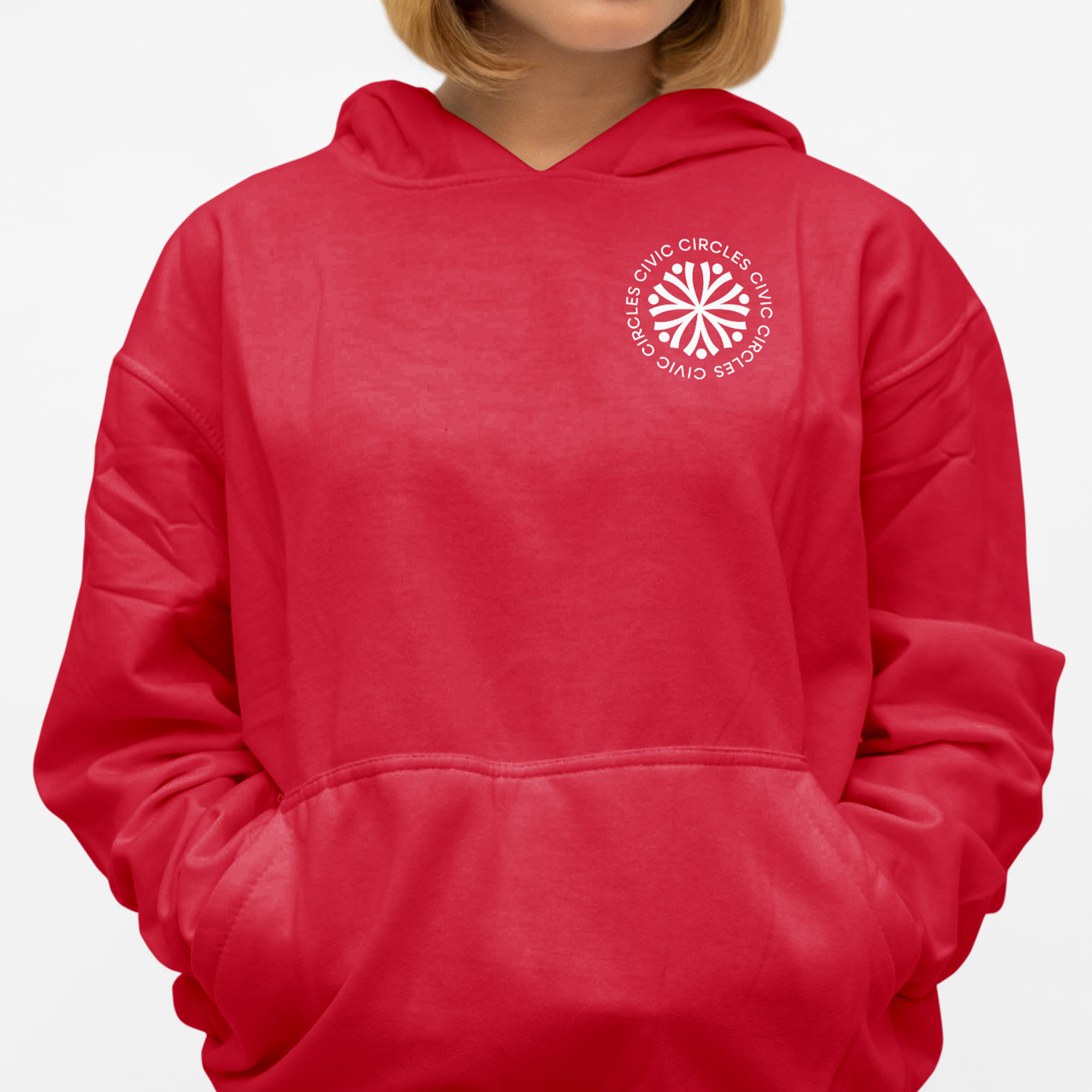 A branded red hoodie design with the roundel logo in the top left corner.
