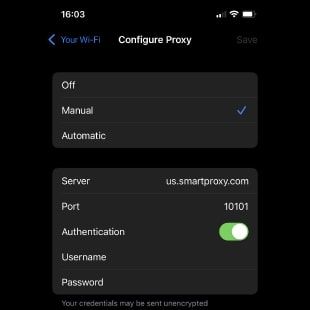 iPhone screen showing residential proxy setup with server and port fields