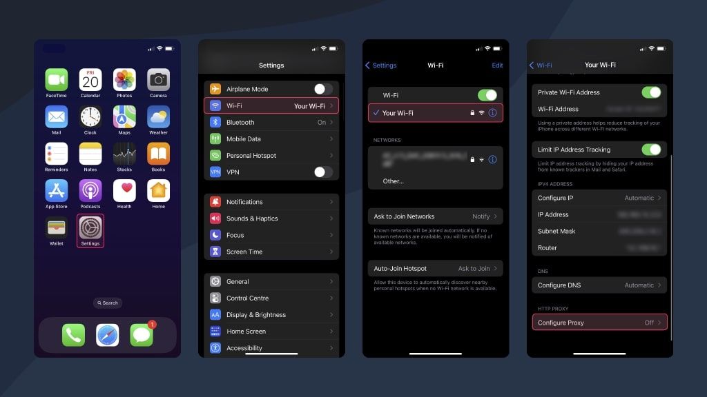 iPhone proxy configuration screen showing Settings Wi-Fi Configure Proxy options