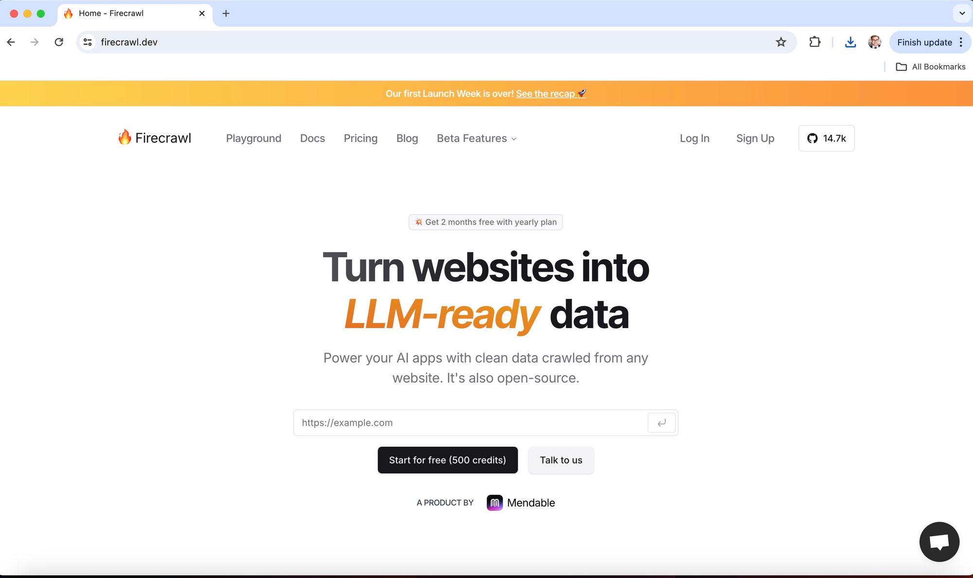 Firecrawl.dev homepage showing web scraping API for LLM-ready data extraction