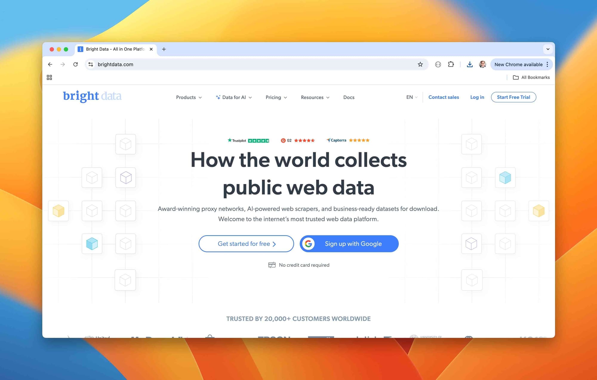 Bright Data enterprise web scraping platform homepage with proxy network features