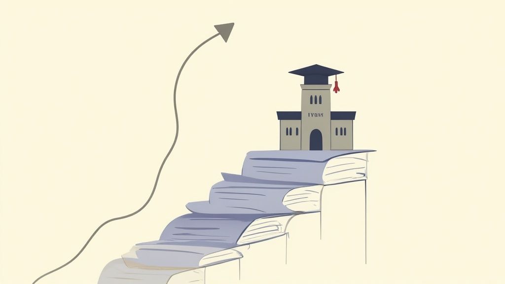 Illustration of books forming steps leading up to a university building with a graduation cap, symbolizing educational progress.