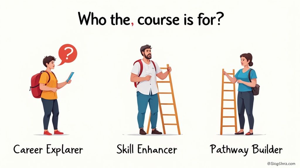 Three individuals representing career explorer, skill enhancer, and pathway builder for a course.