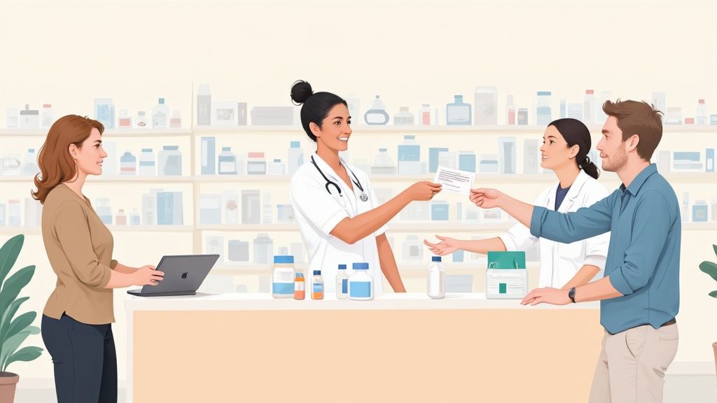 Smiling pharmacy staff assist customers at the counter, with one handing a prescription.