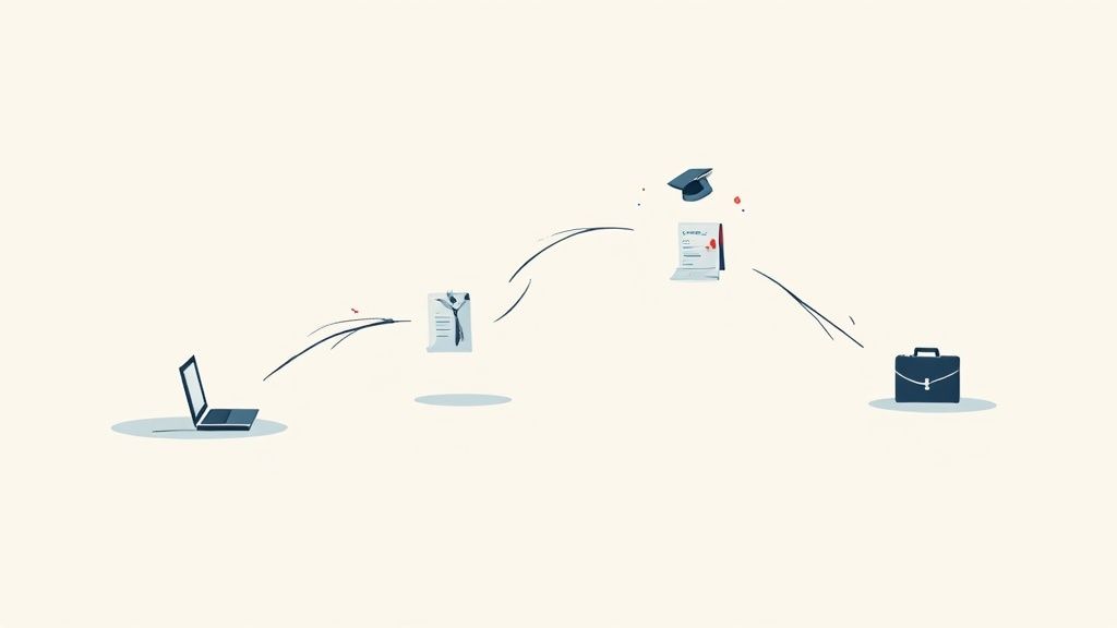An illustration showing the path from a laptop to a briefcase, representing education, job application, and career progression.