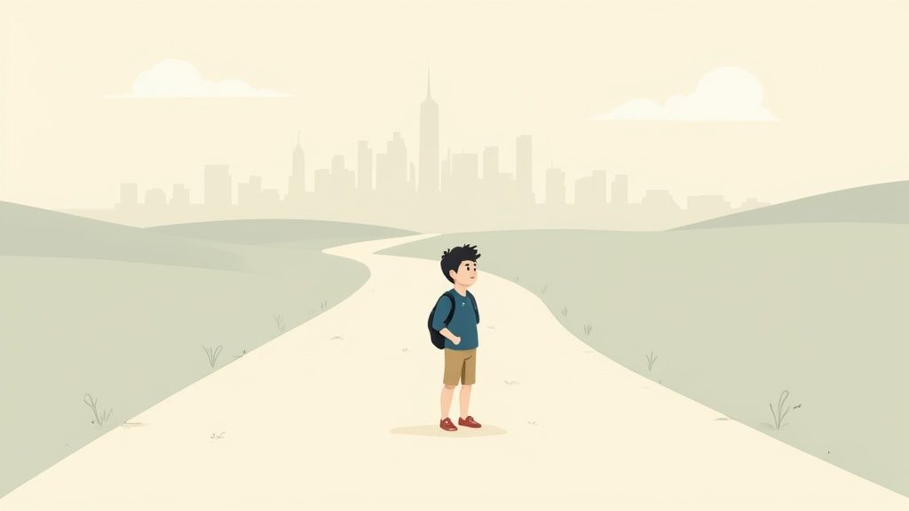 A young boy with a backpack stands on a winding path looking towards a city skyline.
