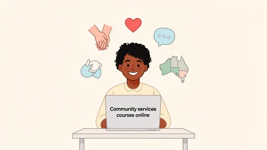Smiling person learning community services online in Australia, surrounded by icons of care and support.