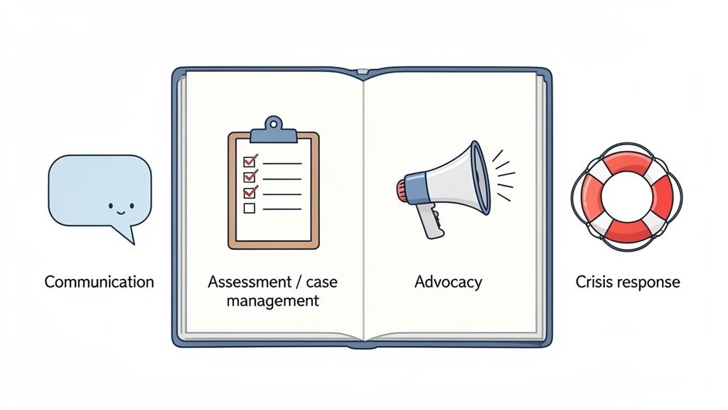 An illustration showing icons for communication, assessment, advocacy, and crisis response support services.