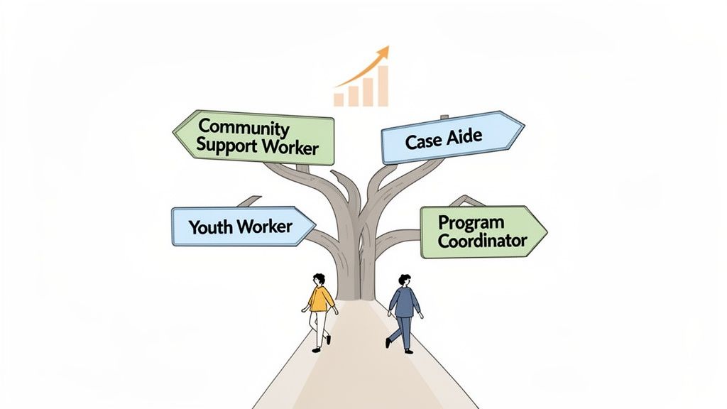 Two people choose from various community service career paths shown on signs on a tree, symbolizing career growth.