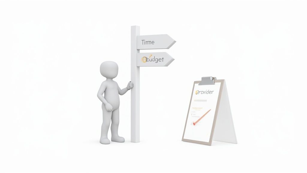 A person sitting at a desk with a laptop, thoughtfully considering online course options.