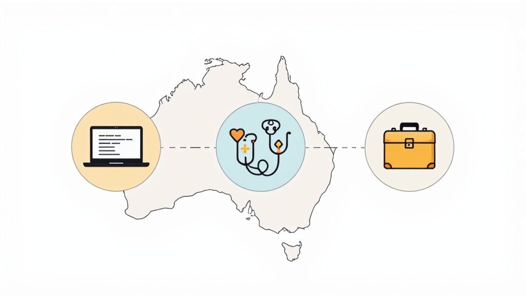 Australian map with three connected icons showing laptop, medical stethoscope, and briefcase representing online education