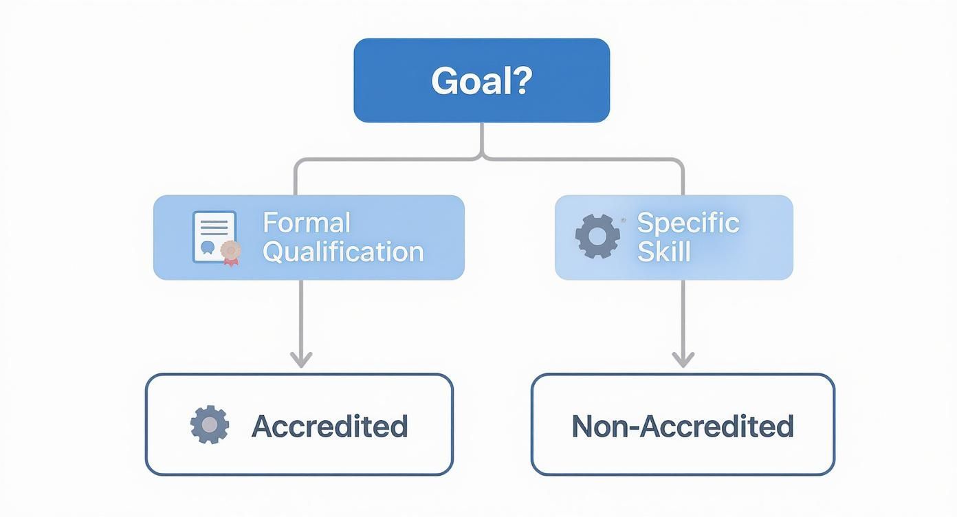 Flowchart showing goal-based learning paths split between formal qualification and specific skill development options