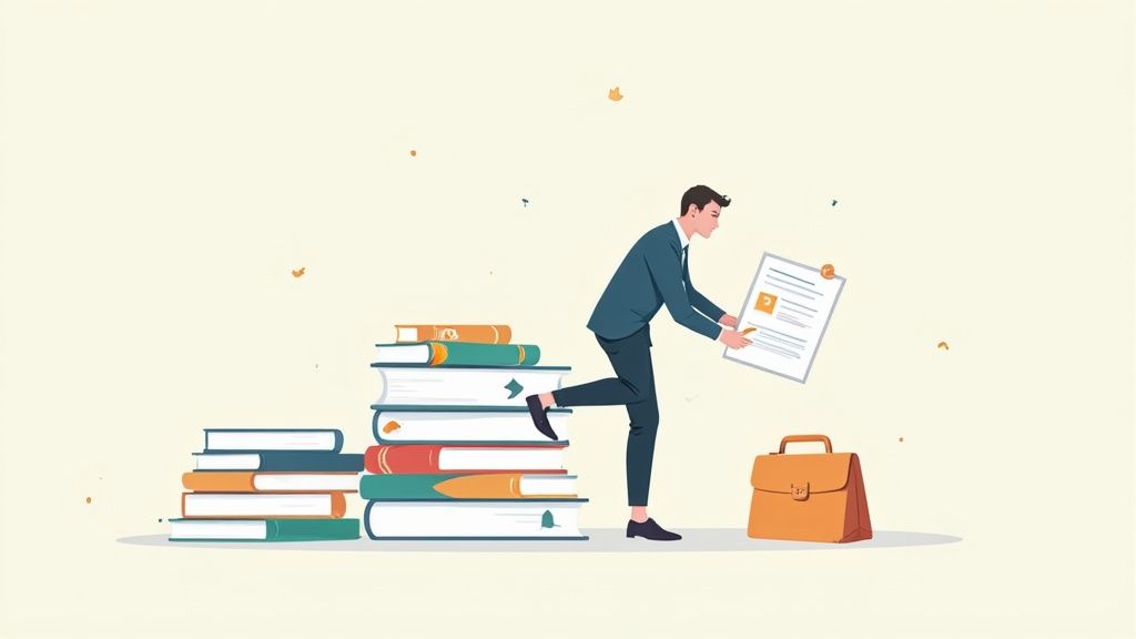 Professional businessman reviewing educational certificate while standing on stack of colorful books with briefcase nearby