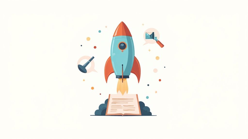 Illustrative rocket launching from an open book, surrounded by learning and innovation symbols.