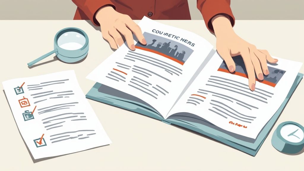 A person reviews an open book on a desk with a checklist, magnifying glass, and clock.