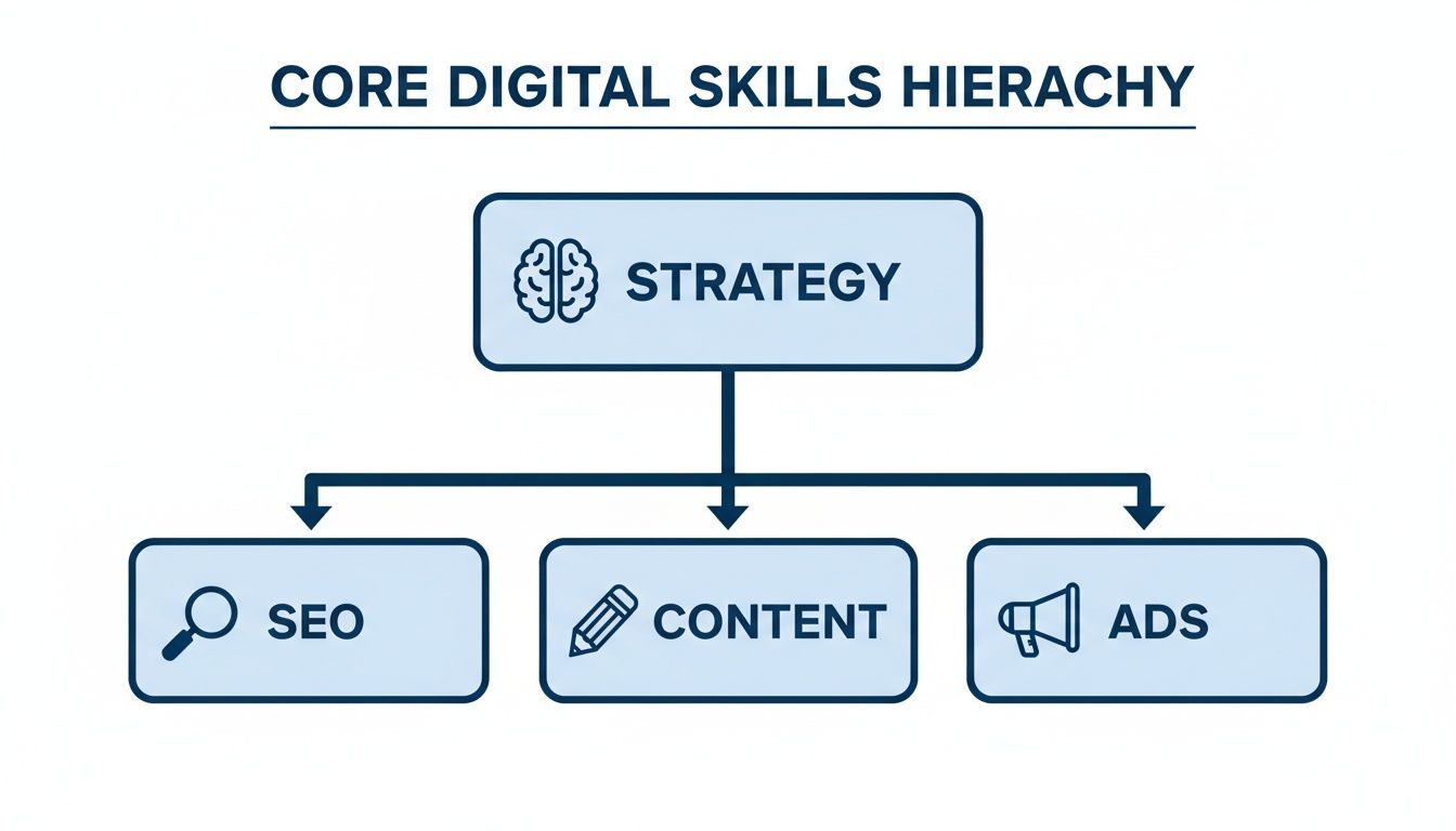A diagram illustrating the core digital skills hierarchy: Strategy leading to SEO, Content, and Ads.