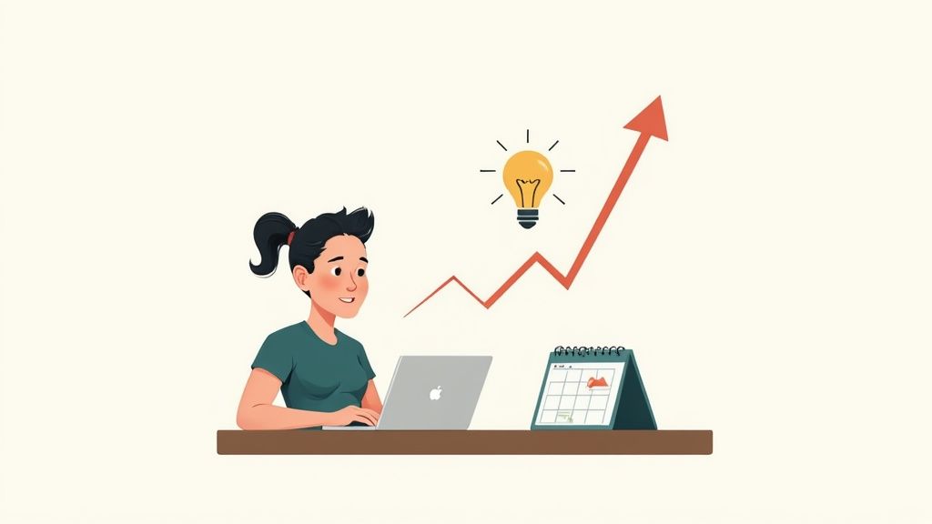 A focused woman working on her laptop with a chart showing business growth and new ideas.