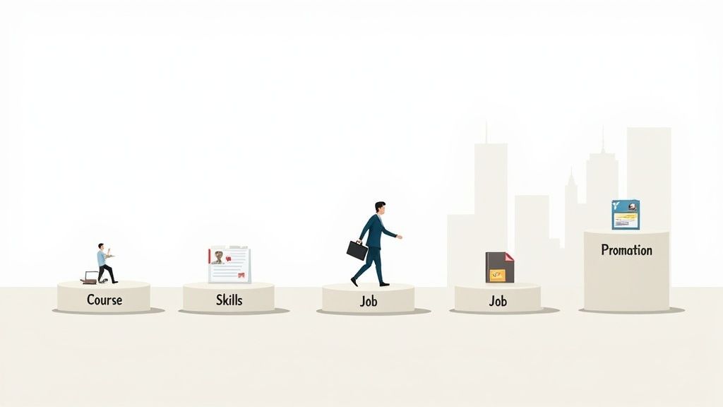 Businessman advancing through career stages: course, skills, job, and promotion, on pedestals.
