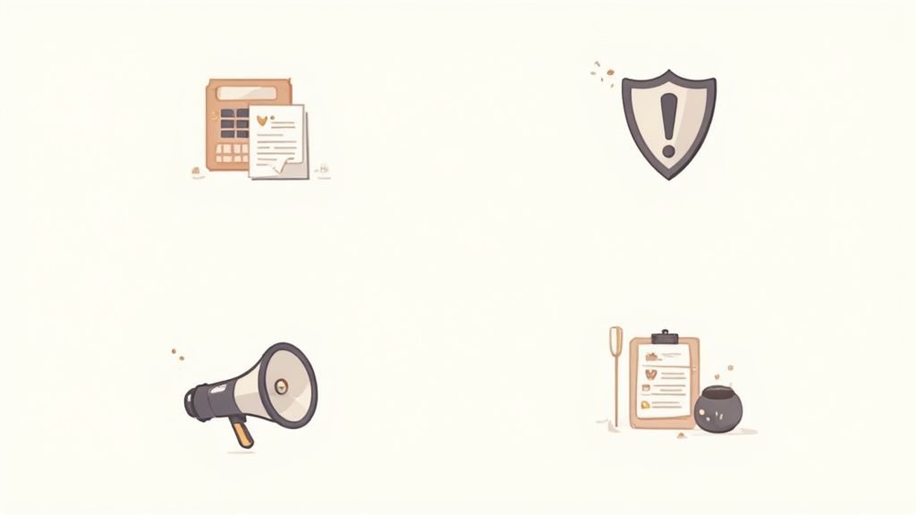 Four minimalist icons representing event management: finance, security, communication, and planning.