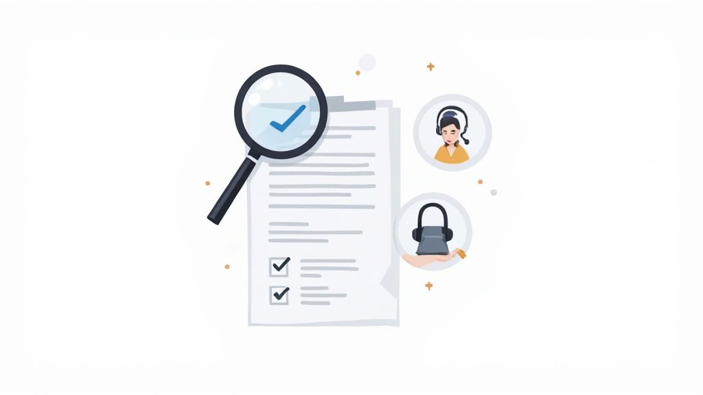 Illustration of a magnifying glass checking a document with checkmarks, alongside icons for customer support and headphones.