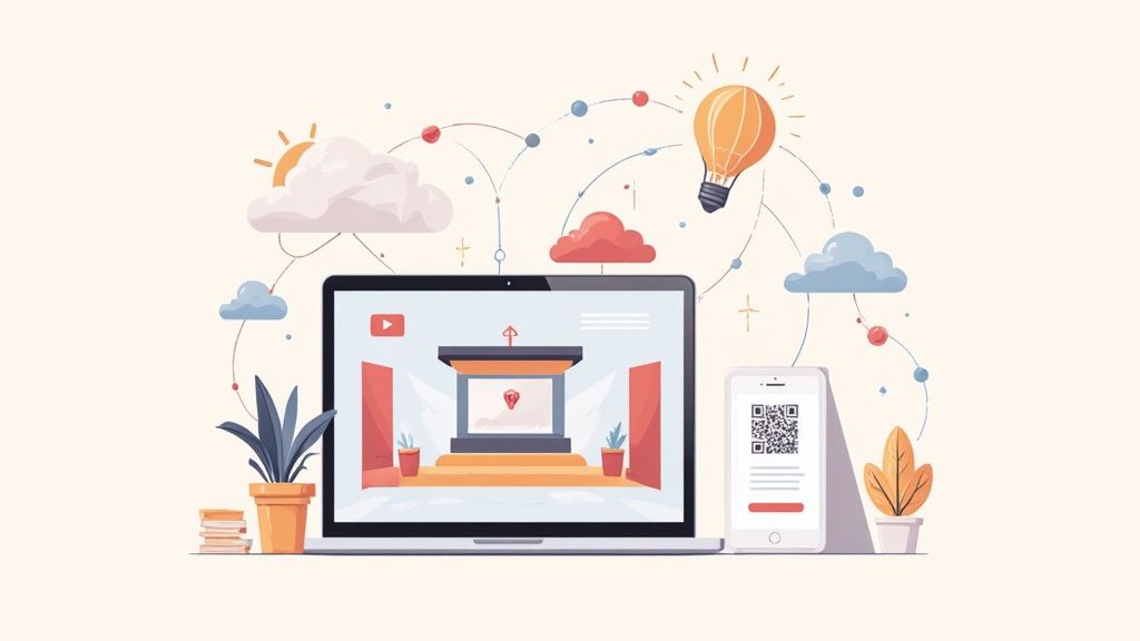 A laptop showing an online presentation stage, smartphone with QR code, and cloud computing elements.