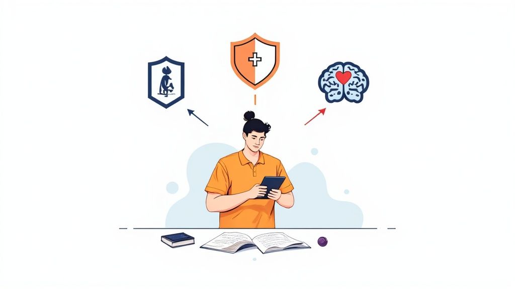 A person using a tablet to learn about aged care, health, and mental well-being represented by three shields.