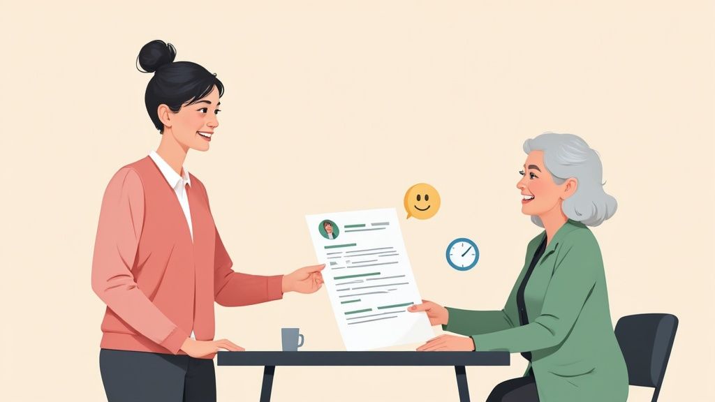 A young woman hands her resume to a smiling older woman across a table, signifying a positive hiring process.