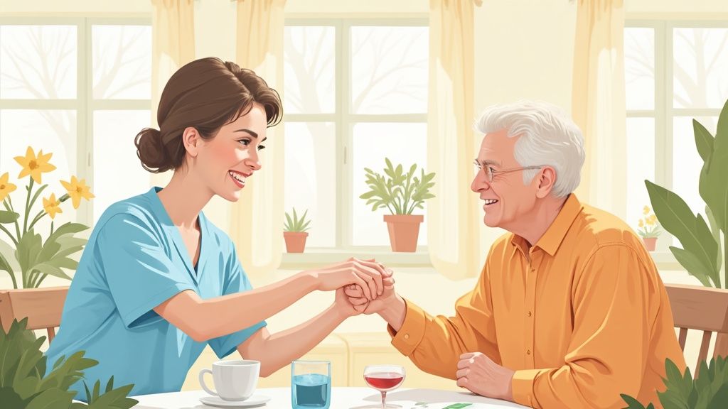 A smiling young female caregiver holds hands with an elderly man, both looking happy at a table.