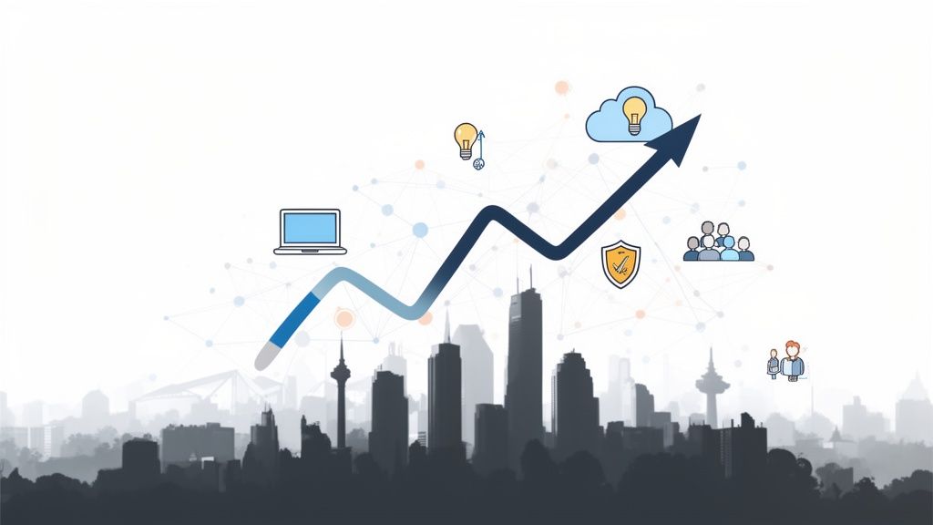 Upward trend graph with technology, innovation, security, and team icons over a city landscape, symbolizing business growth.
