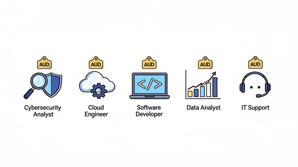 Five IT job roles with icons and 'AUD' tags, including Cybersecurity Analyst, Cloud Engineer, Software Developer, Data Analyst, and IT Support.