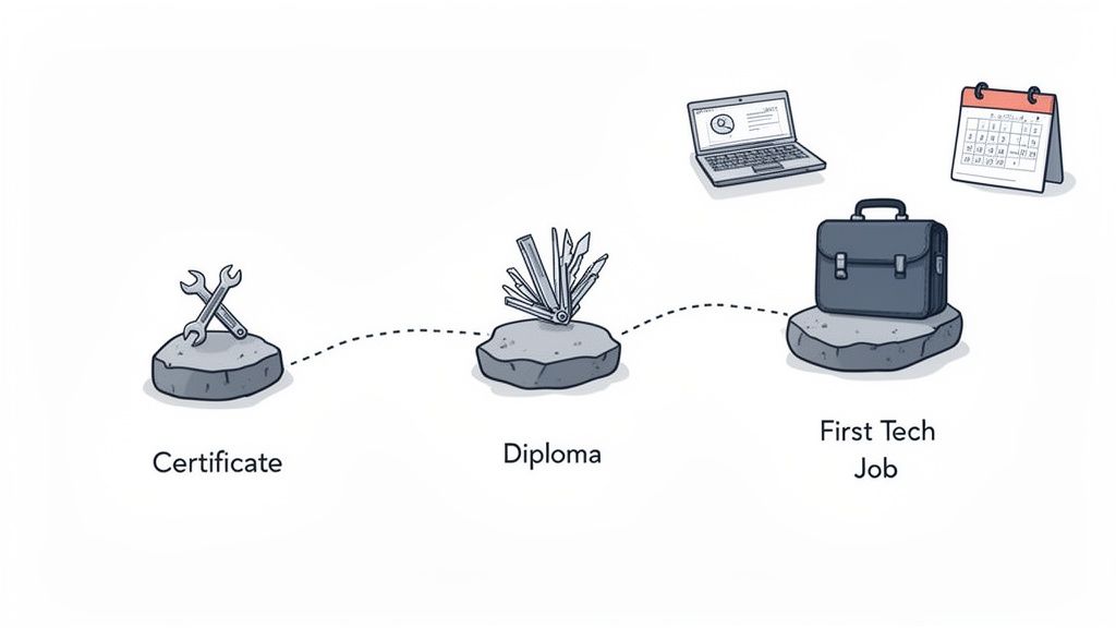 A visual representation of the career journey from certificate to diploma to a first tech job.