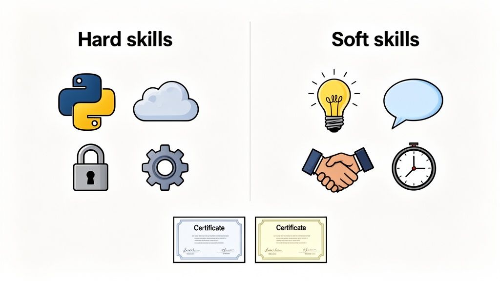 Infographic comparing hard skills like Python, cloud, security, and technical skills with soft skills such as creativity, communication, teamwork, and time management, along with certificates.