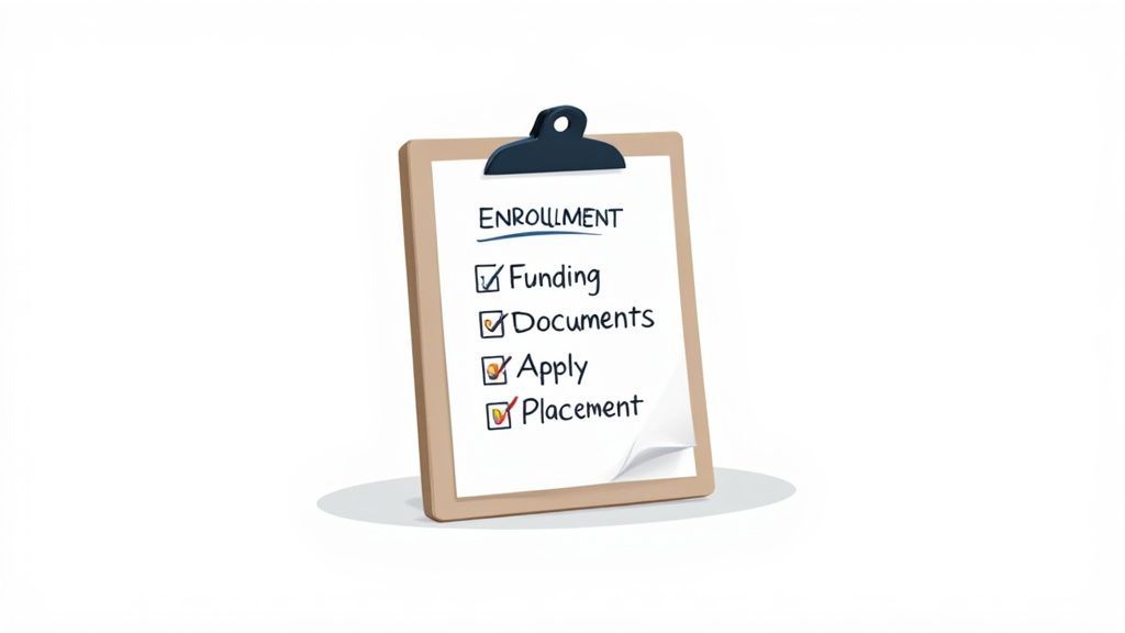 A clipboard with an 'ENROLLMENT' checklist showing completed steps for funding, documents, apply, and placement in progress.