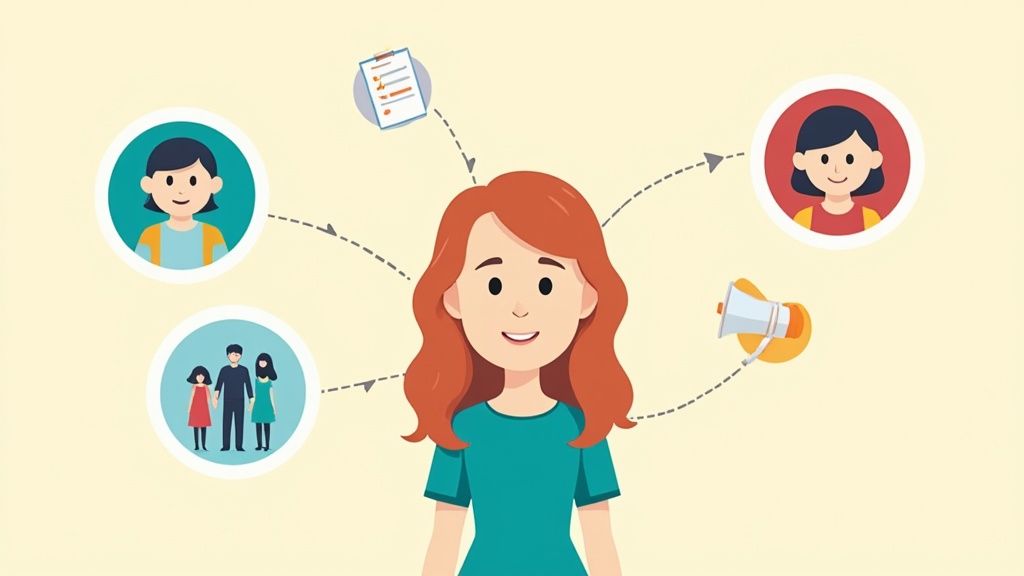Illustration of a woman connecting with clients, families, tasks, and communication in community services.
