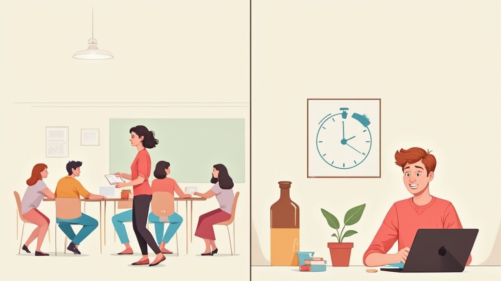 An illustration of a classroom with a teacher and students, contrasted with a man working on a laptop.