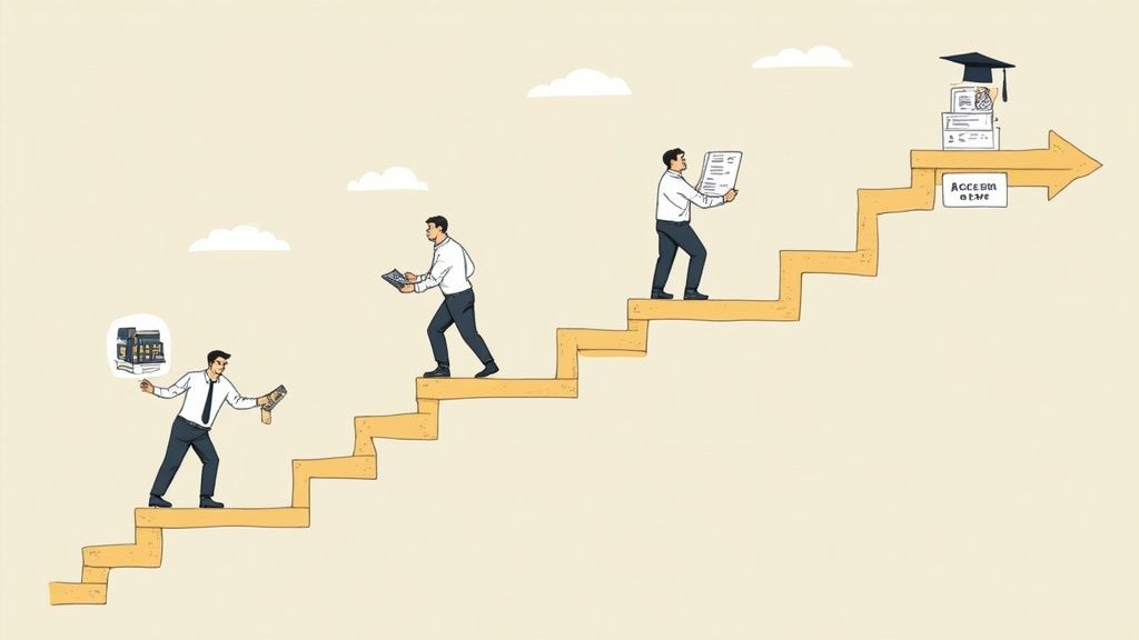 Men climb a staircase towards a graduation cap and certificates, symbolizing career progression and education.