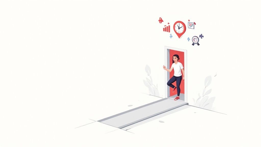 Illustration of a woman exiting a red-framed door with business and time management icons floating above.