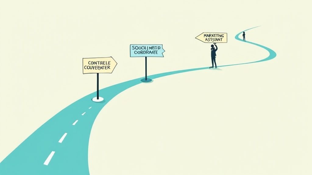 Illustration of a winding path with signposts showing different job roles, leading to marketing.
