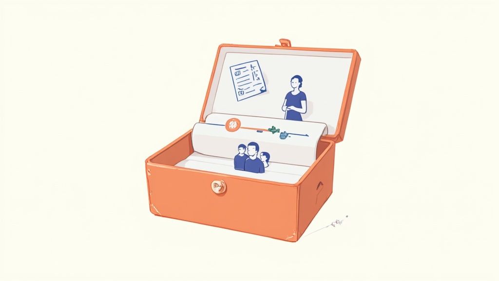 An open orange box holds illustrations of life elements: a woman, a checklist, a timeline with symbols, and three people.