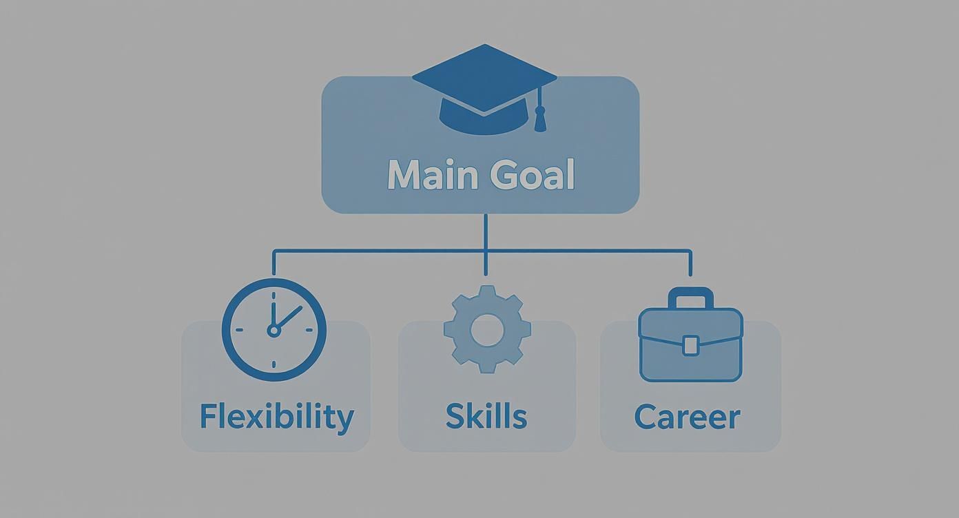 Diagram illustrating a main goal, symbolized by a graduation cap, leading to flexibility, skills, and career.
